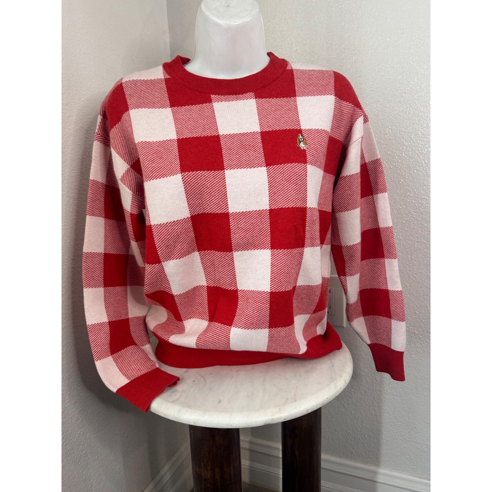 Hush Puppies Red Gingham Knit Sweater Basset Hound Logo‎ Crewneck Preppy Size S
